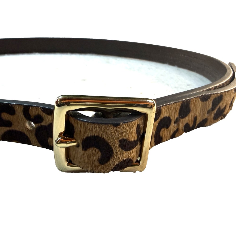 Vintage Leopard Print Belt Womens M Brown Haircalf Gold Buckle High Fashion